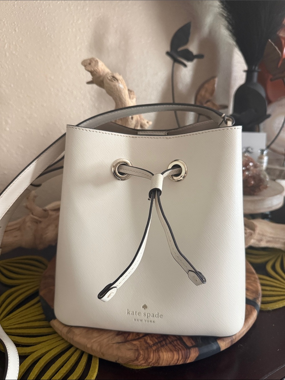 kate spade Cream Leather Drawstring Shoulder Bag